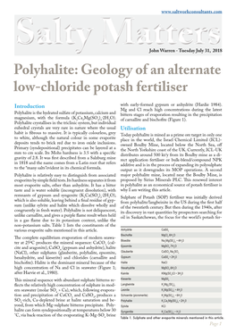 Polyhalite: Geology of an Alternate Low-Chloride Potash Fertiliser Introduction with Early-Formed Gypsum Or Anhydrite (Hardie 1984)