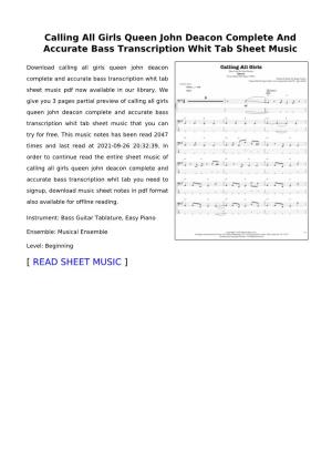 Calling All Girls Queen John Deacon Complete and Accurate Bass Transcription Whit Tab Sheet Music