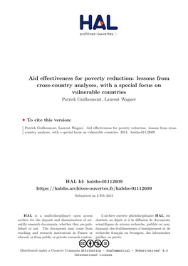Aid Effectiveness for Poverty Reduction: Lessons from Cross-Country Analyses, with a Special Focus on Vulnerable Countries Patrick Guillaumont, Laurent Wagner