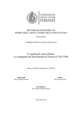 Lo Spettacolo Senza Riforma. La Compagnia Del San Samuele Di Venezia (1726-1749)