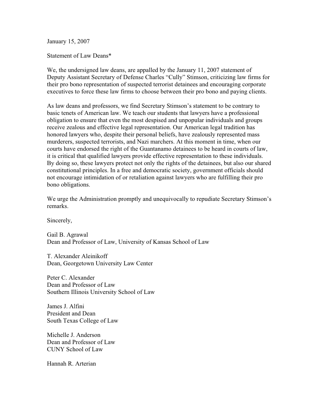 Law Deans' Release Statement on Remarks of Cully Stimson Regarding Lawyers for Detainees