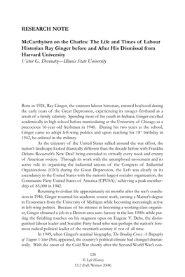 The Life and Times of Labour Historian Ray Ginger Before and After His Dismissal from Harvard University Victor G