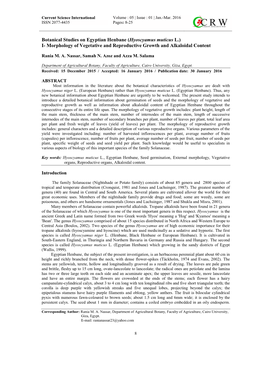 Botanical Studies on Egyptian Henbane (Hyoscyamus Muticus L.) I- Morphology of Vegetative and Reproductive Growth and Alkaloidal Content