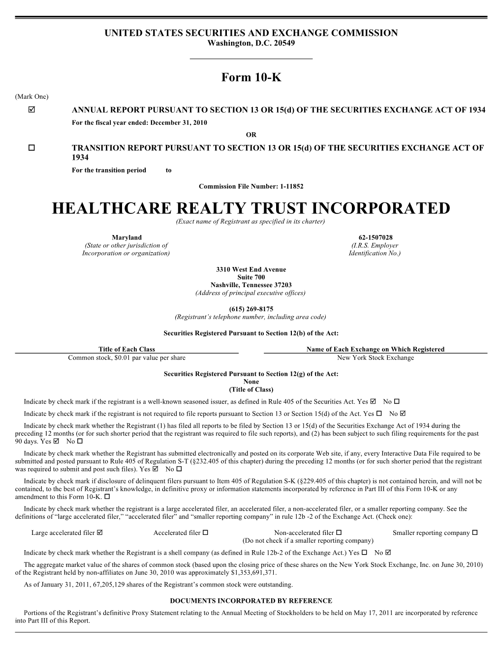HEALTHCARE REALTY TRUST INCORPORATED (Exact Name of Registrant As Specified in Its Charter)