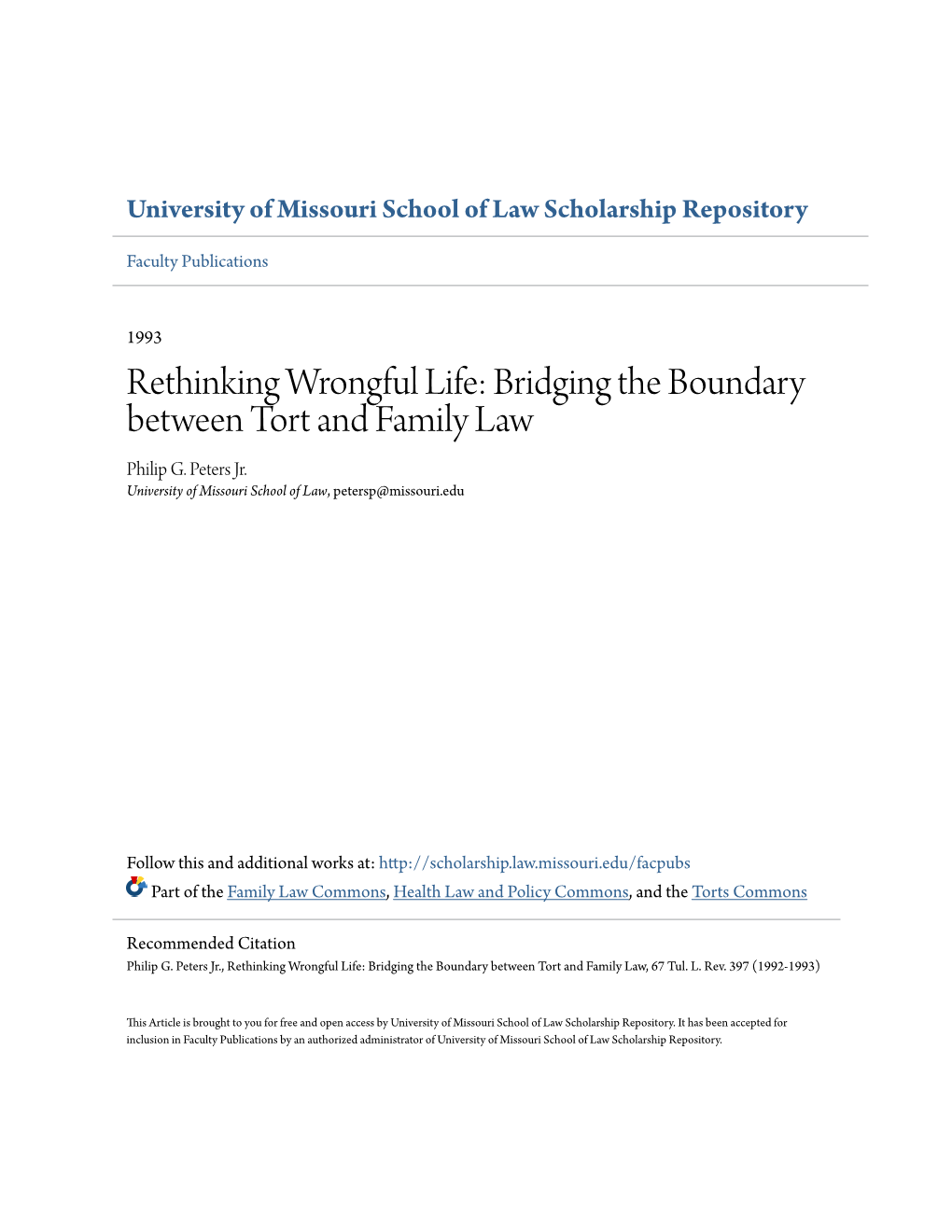 Rethinking Wrongful Life: Bridging the Boundary Between Tort and Family Law Philip G