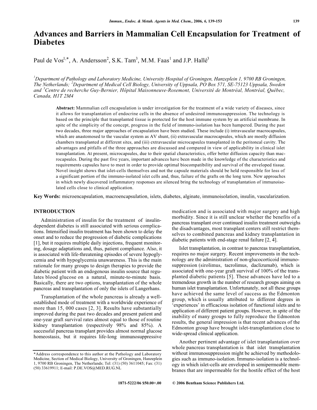 Advances and Barriers in Mammalian Cell Encapsulation for Treatment of Diabetes