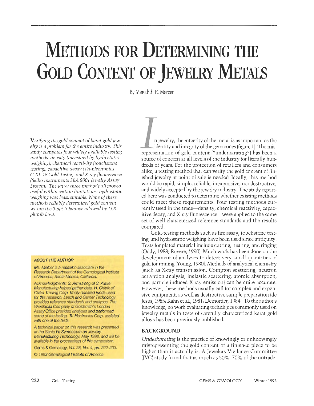 Methods for Determining the Gold Content of Jewelry Metals