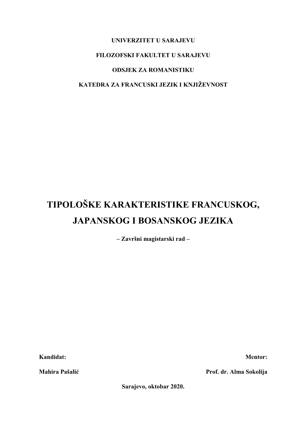 Tipološke Karakteristike Francuskog, Japanskog I Bosanskog Jezika