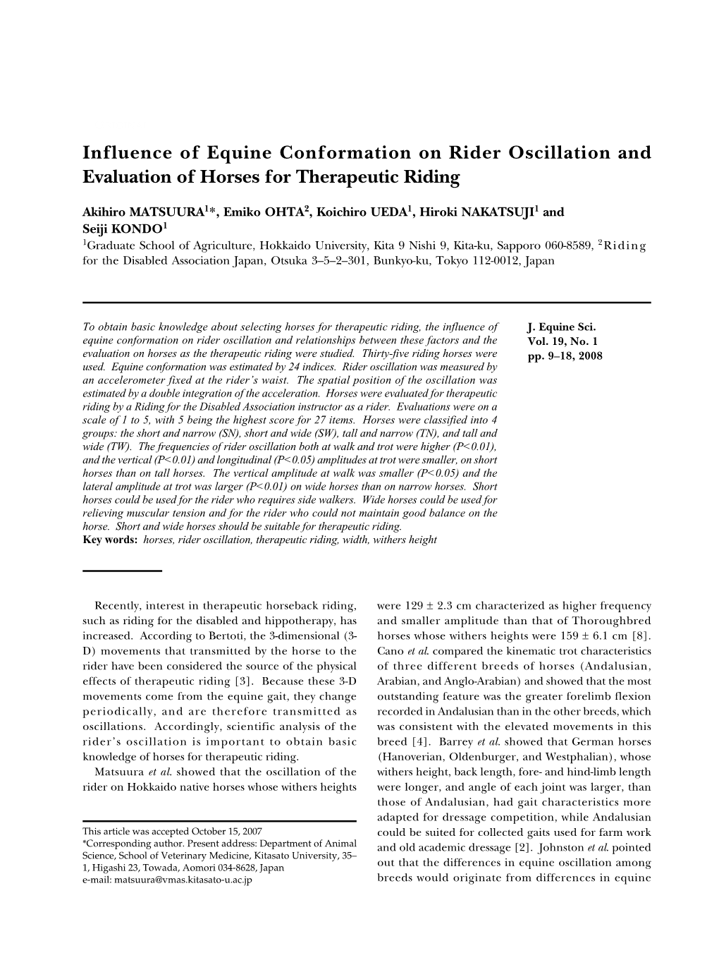 Influence of Equine Conformation on Rider Oscillation and Evaluation of Horses for Therapeutic Riding