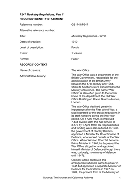 1 P247 Musketry Regulations, Part II RECORDS' IDENTITY STATEMENT Reference Number