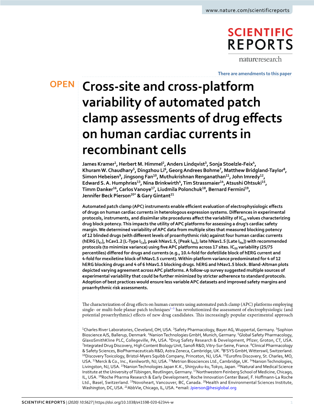 Cross-Site and Cross-Platform Variability of Automated Patch Clamp Assessments of Drug Efects on Human Cardiac Currents in Recombinant Cells James Kramer1, Herbert M