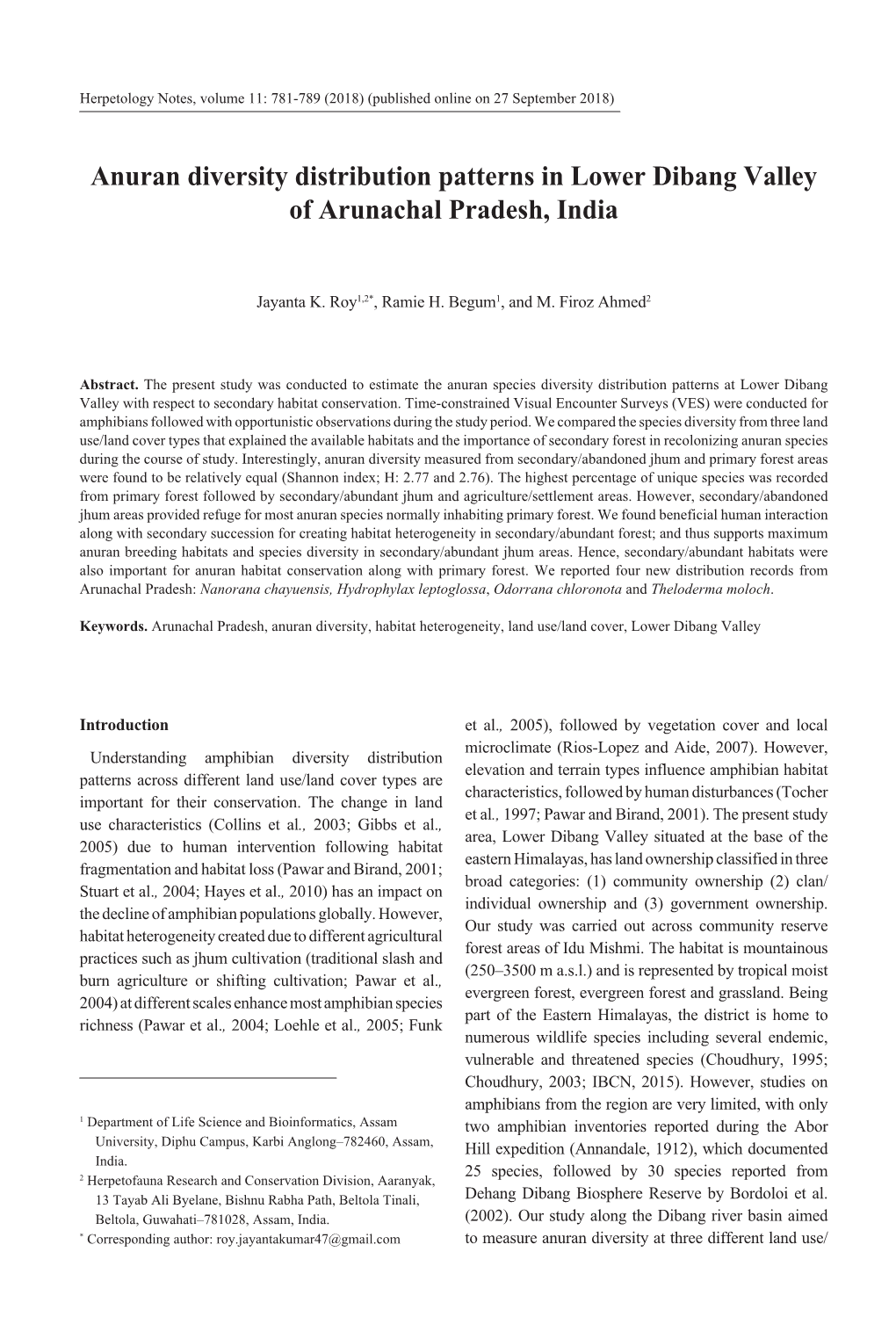 Anuran Diversity Distribution Patterns in Lower Dibang Valley of Arunachal Pradesh, India