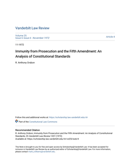 Immunity from Prosecution and the Fifth Amendment: an Analysis of Constitutional Standards