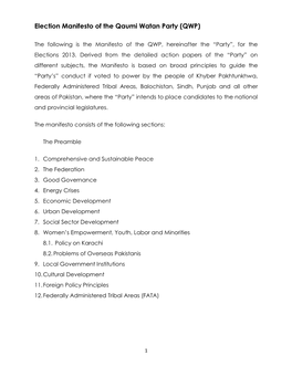 Election Manifesto of the Qaumi Watan Party (QWP)