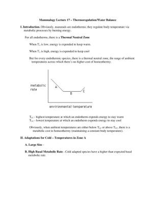 Mammalogy Lecture 17 – Thermoregulation/Water Balance I
