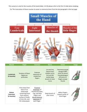 This Sumarry Is Only for the Muscles of the Hand (Slides: 14-33) Please Refer to the First 13 Slide When Studying
