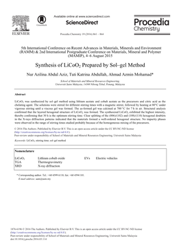 Synthesis of Licoo2 Prepared by Sol–Gel Method Nur Azilina Abdul Aziz, Tuti Katrina Abdullah, Ahmad Azmin Mohamad*