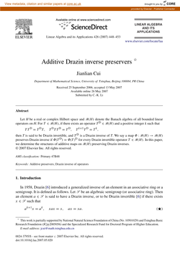 Additive Drazin Inverse Preservers ୋ