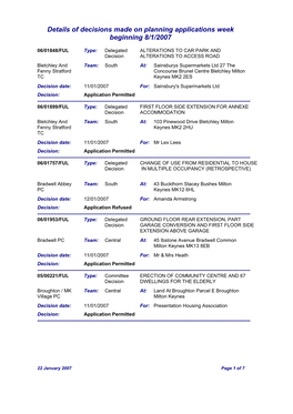 Details of Decisions Made on Planning Applications Week Beginning 8/1/2007