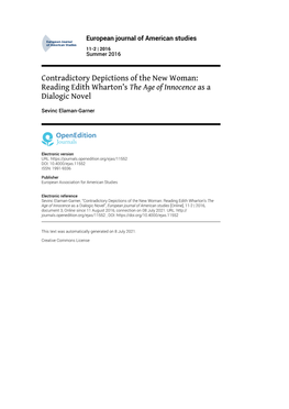 European Journal of American Studies, 11-2 | 2016 Contradictory Depictions of the New Woman: Reading Edith Wharton’S the Age Of