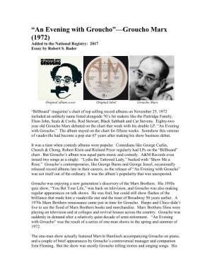 An Evening with Groucho”—Groucho Marx (1972) Added to the National Registry: 2017 Essay by Robert S