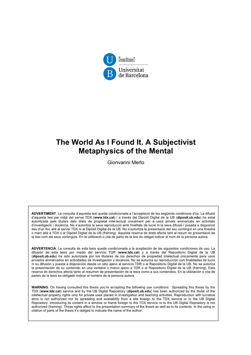 The World As I Found It. a Subjectivist Metaphysics of the Mental