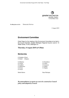 Environment Committee 8 August 2019, Order Paper - Front Page