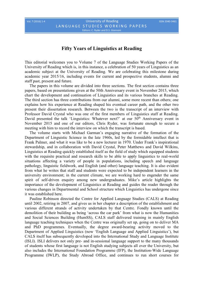 Fifty Years of Linguistics at Reading