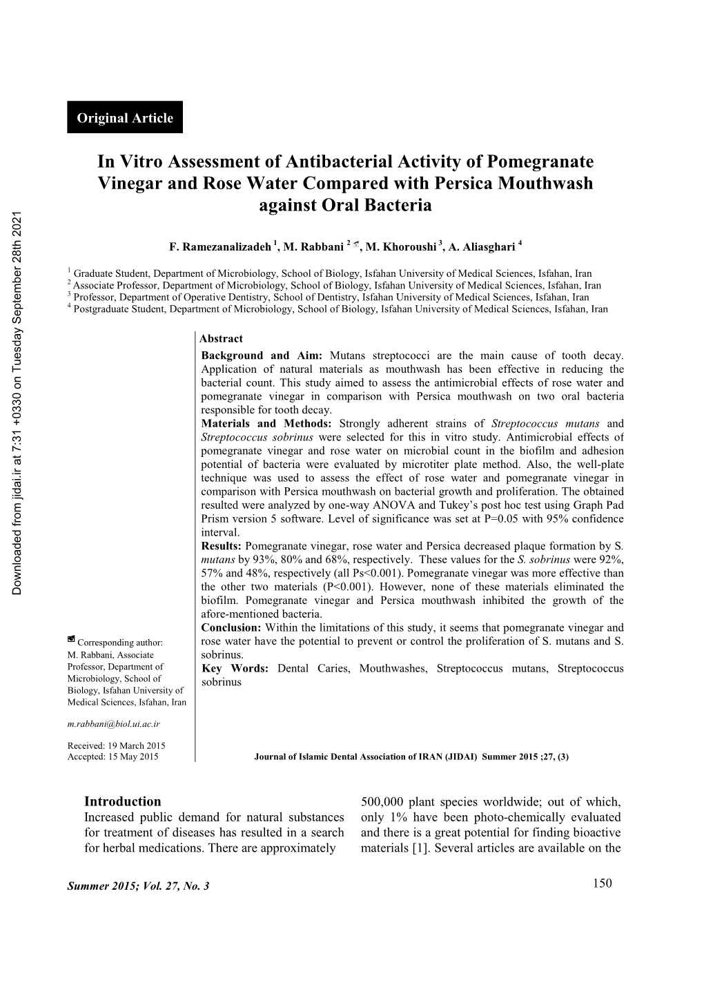 In Vitro Assessment of Antibacterial Activity of Pomegranate Vinegar and Rose Water Compared with Persica Mouthwash Against Oral Bacteria