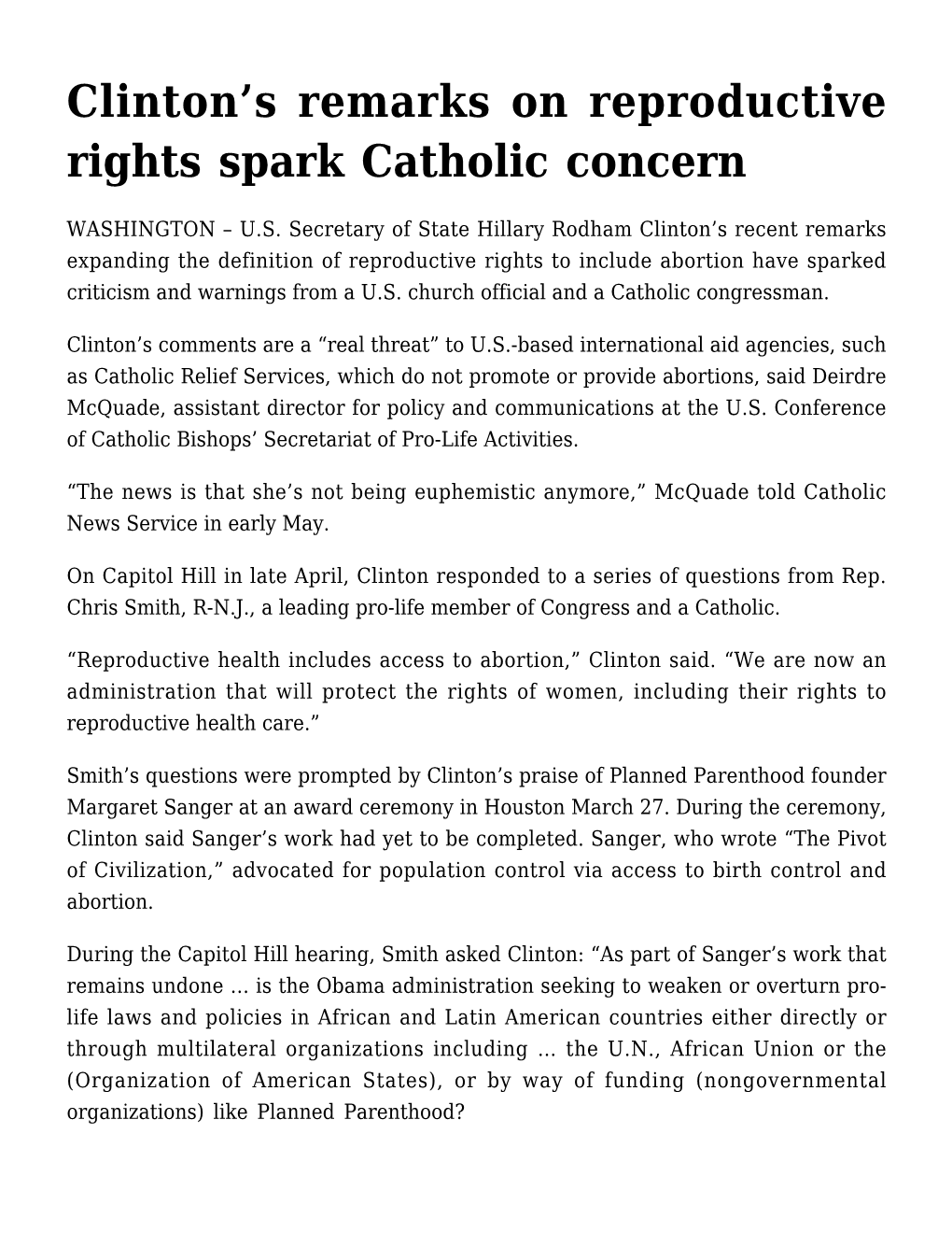 Clinton's Remarks on Reproductive Rights Spark Catholic Concern
