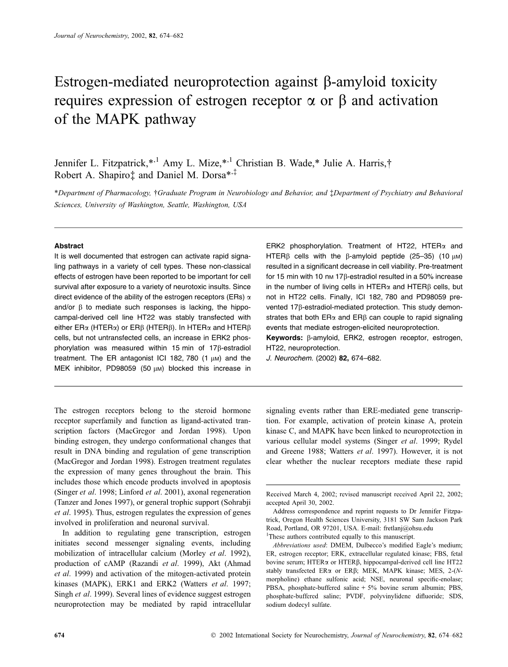 Estrogen-Mediated Neuroprotection Against Β-Amyloid Toxicity Requires Expression of Estrogen Receptor Α Or Β and Activation O