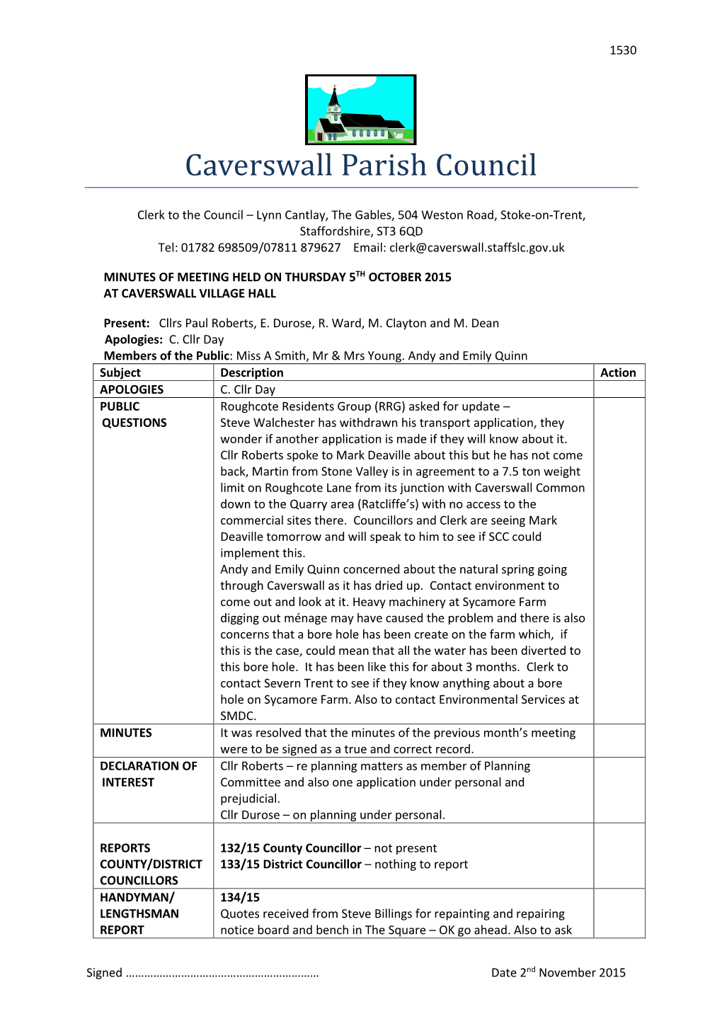 Minutes of Meeting Held on Thursday 5Th October 2015 at Caverswall Village Hall