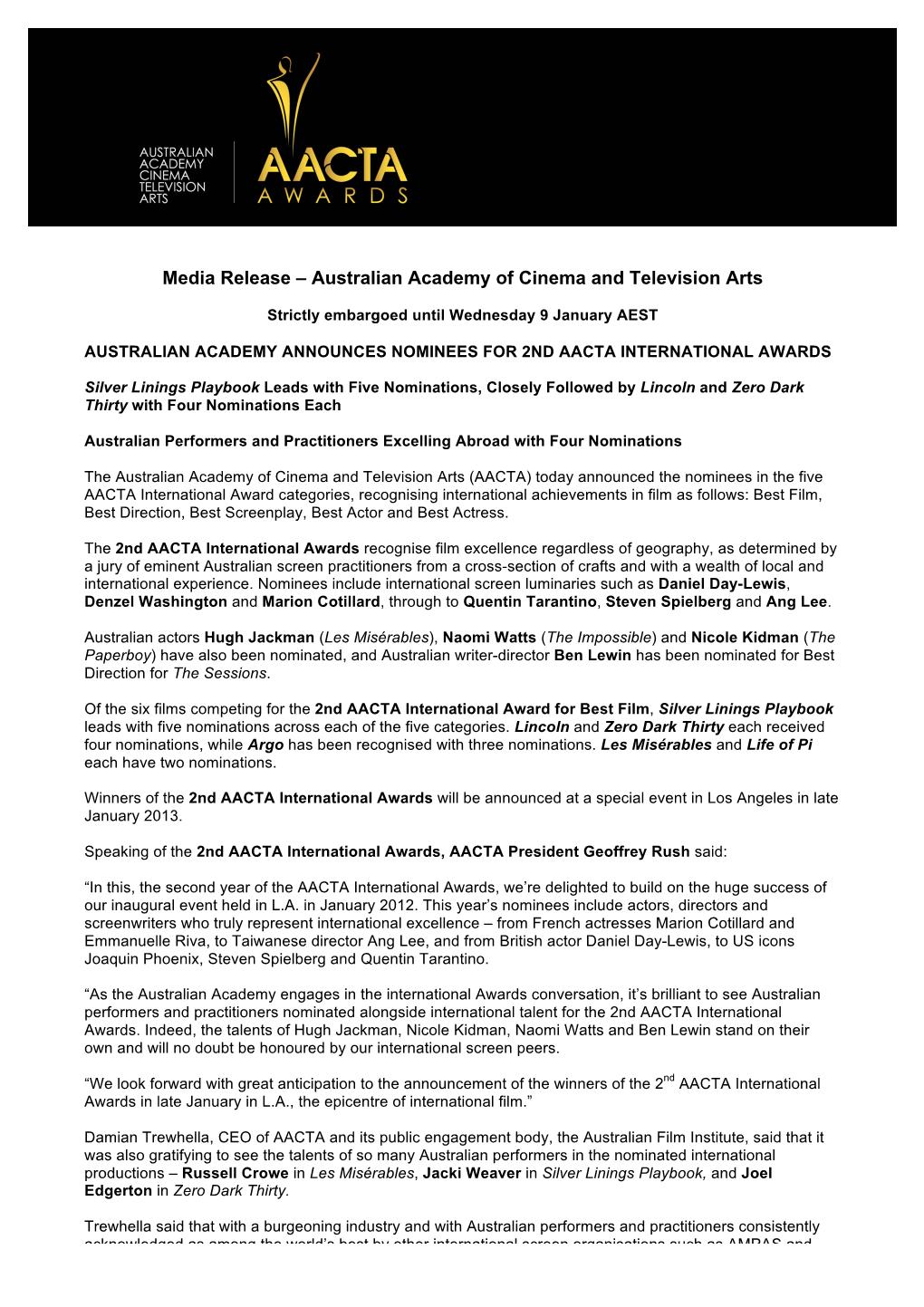 Media Release – Australian Academy of Cinema and Television Arts