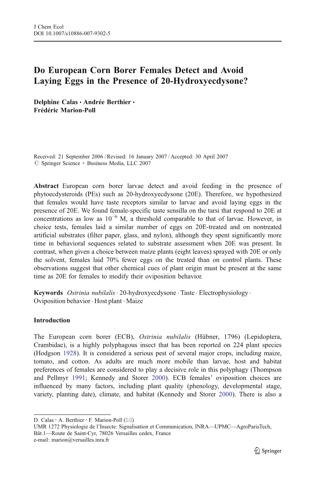 Do European Corn Borer Females Detect and Avoid Laying Eggs in the Presence of 20-Hydroxyecdysone?