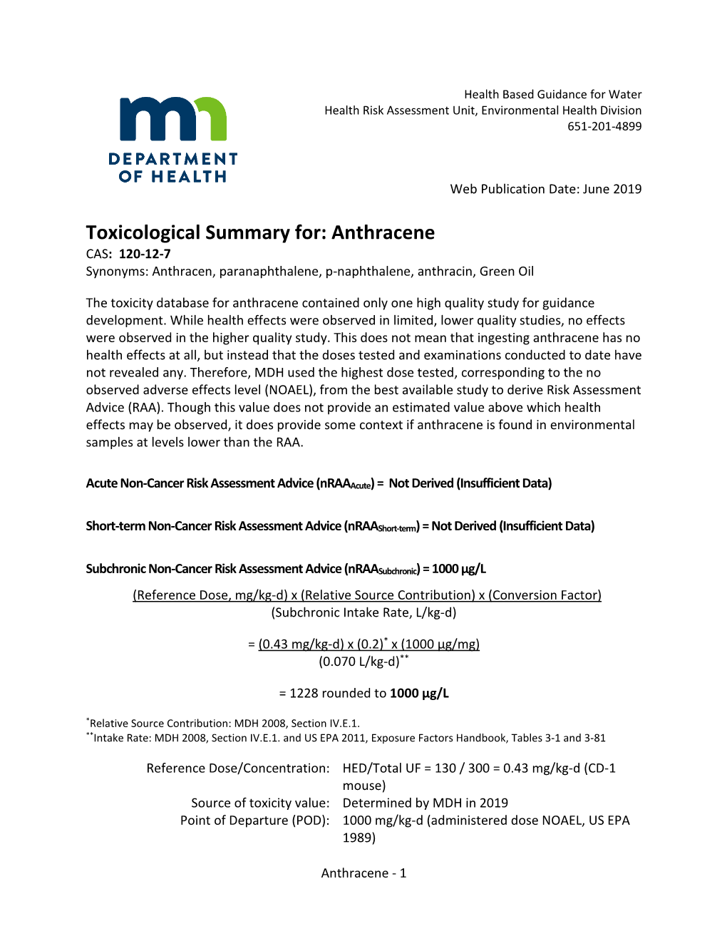 Toxicological Summary for Anthracene (PDF)