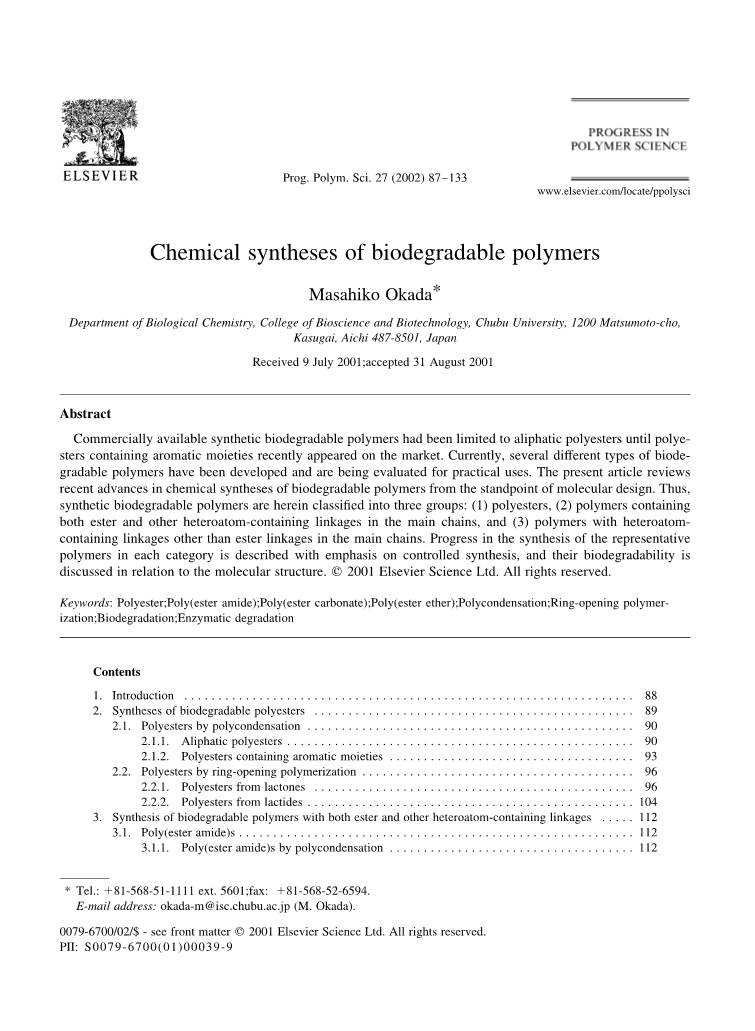 Chemical Syntheses of Biodegradable Polymers