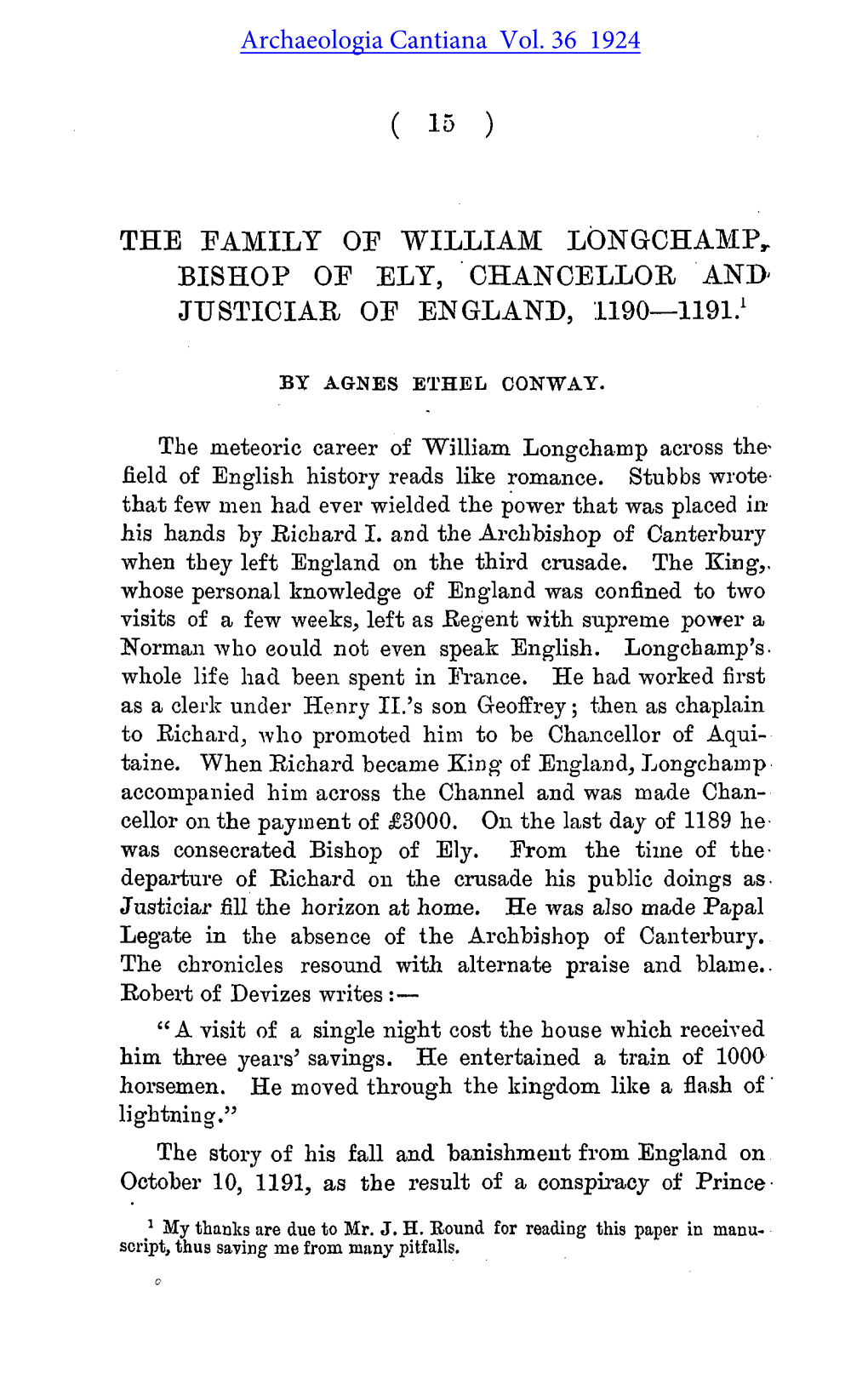 The Family of William Longchamp, Bishop of Ely, Chancellor And