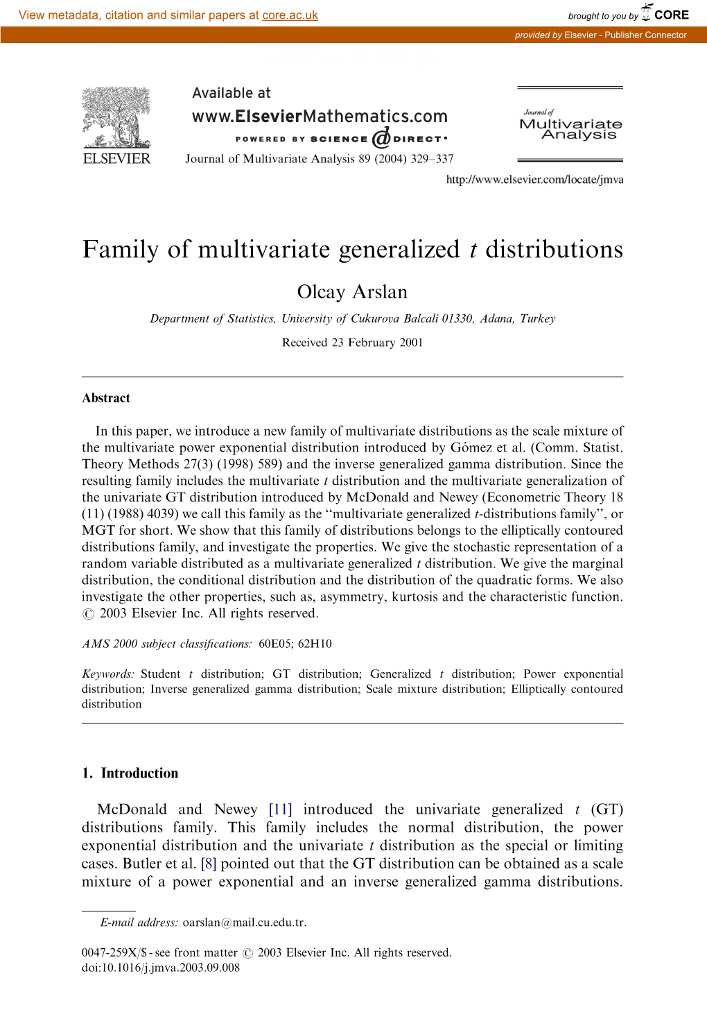 Family of Multivariate Generalized T Distributions