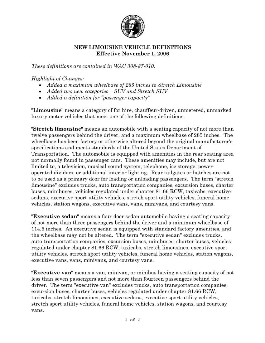 NEW LIMOUSINE VEHICLE DEFINITIONS Effective November 1, 2006