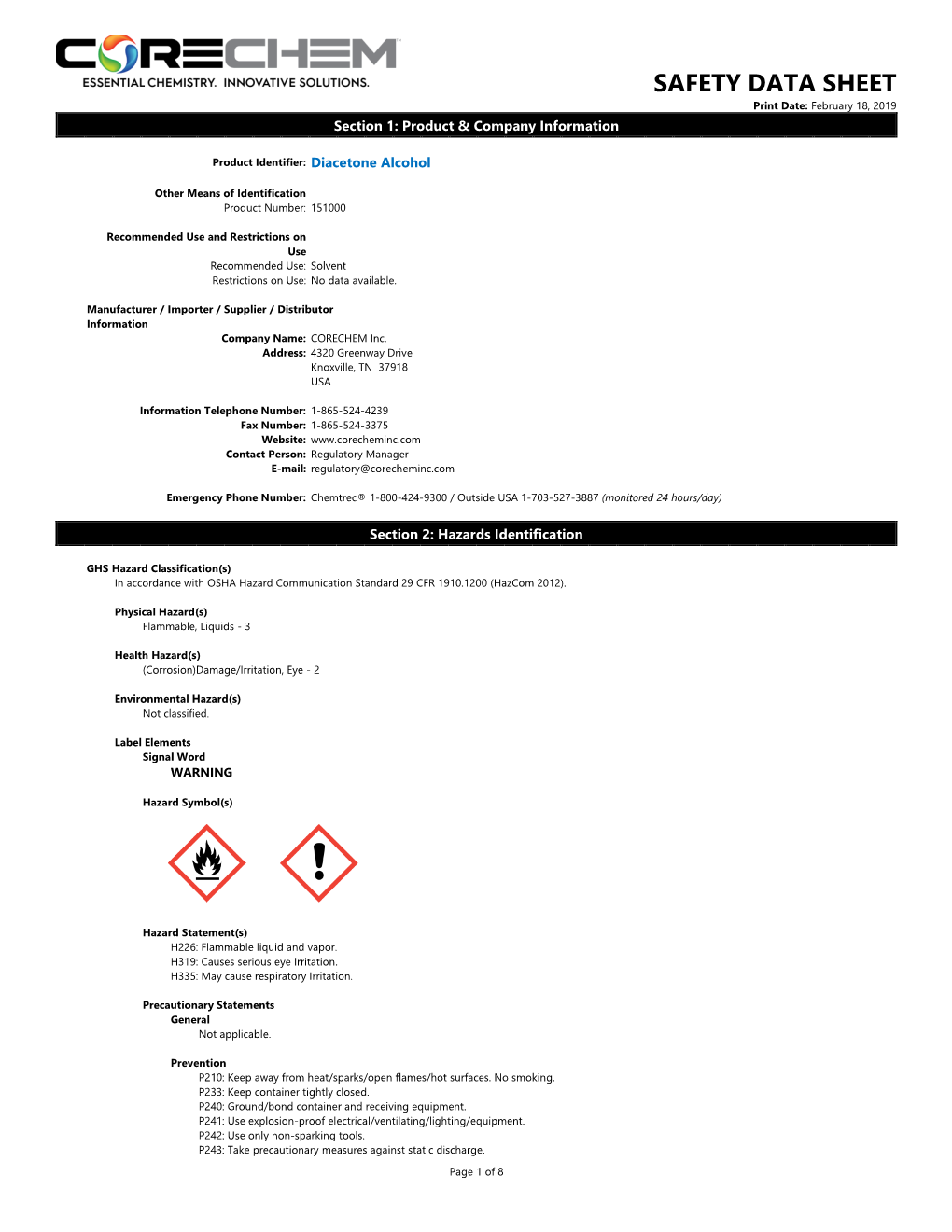 Diacetone Alcohol Safety Data Sheet