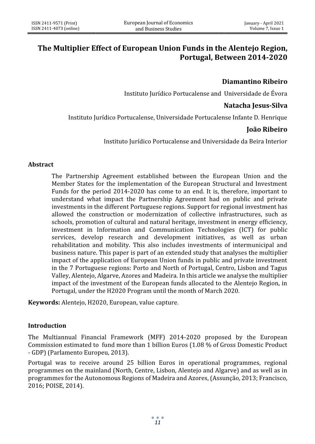 The Multiplier Effect of European Union Funds in the Alentejo Region, Portugal, Between 2014-2020