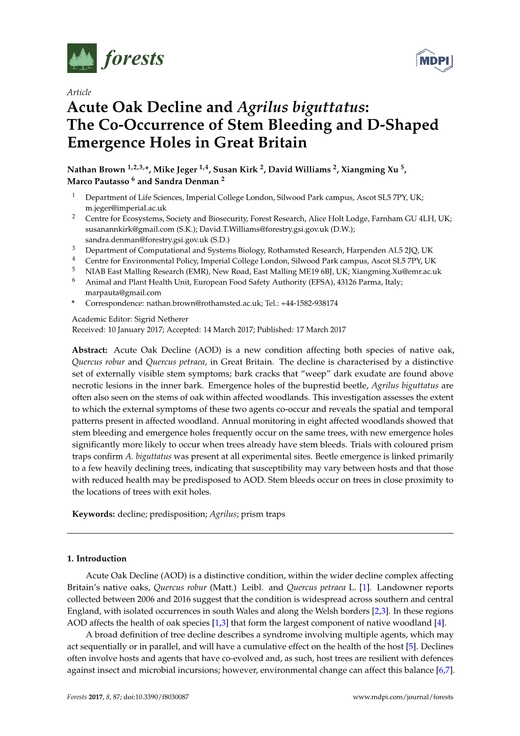 Acute Oak Decline and Agrilus Biguttatus: the Co-Occurrence of Stem Bleeding and D-Shaped Emergence Holes in Great Britain