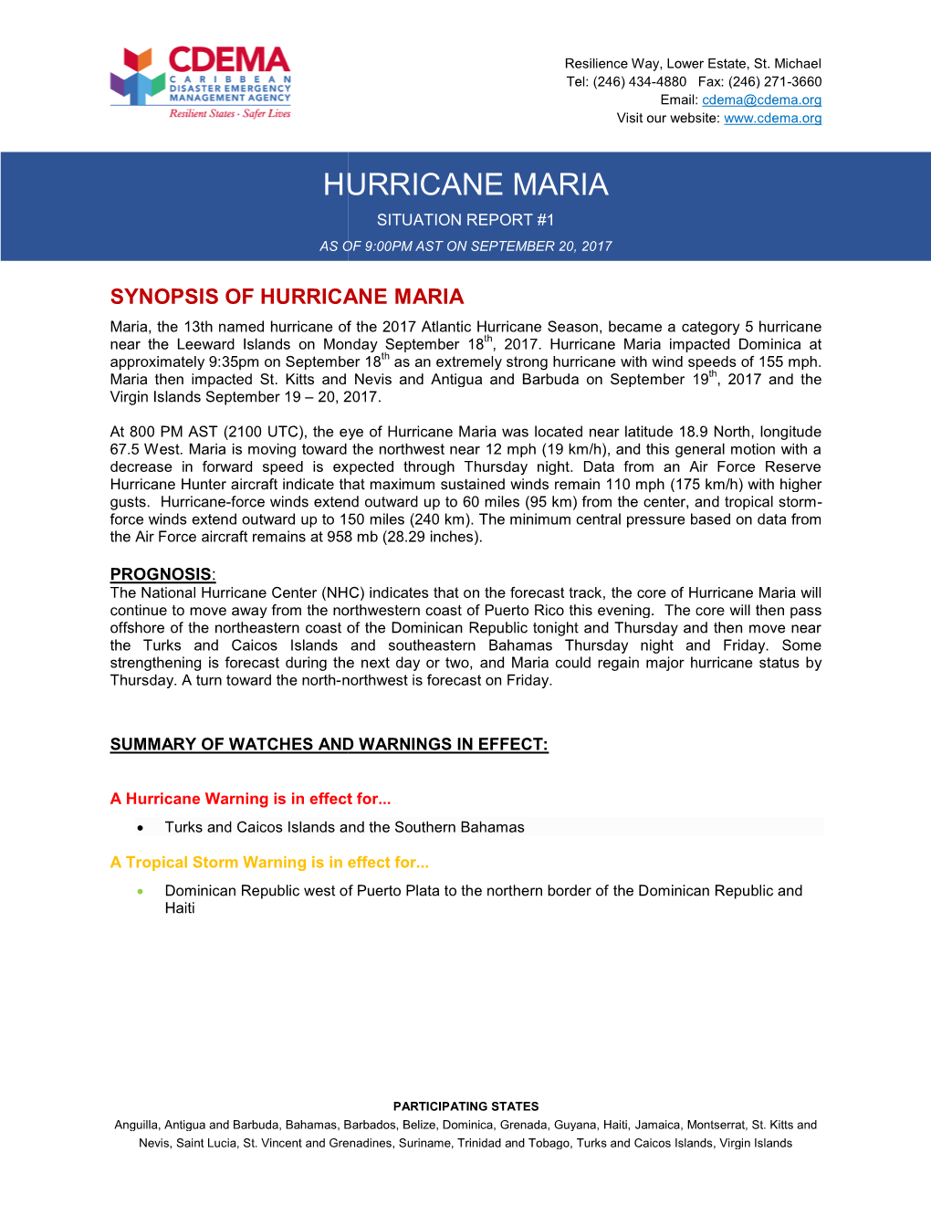 Hurricane Maria Situation Report #1 As of 9:00Pm Ast on September 20, 2017