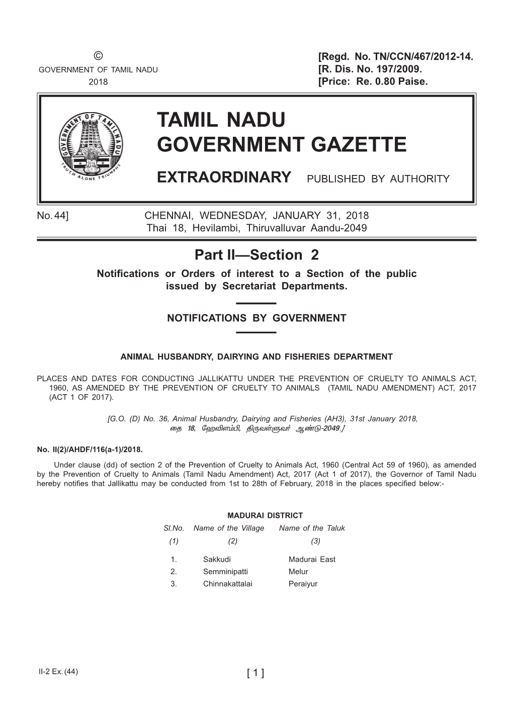 Tamil Nadu Government Gazette Extraordinary