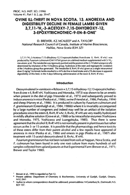 Ovine Ill-Thrir in Nova Scotia. 13. Anorexia and Digestibility Decline in Female Lambs Given 3,7,1 Ph -3-Acetoxy-7,15-Dihydroxy