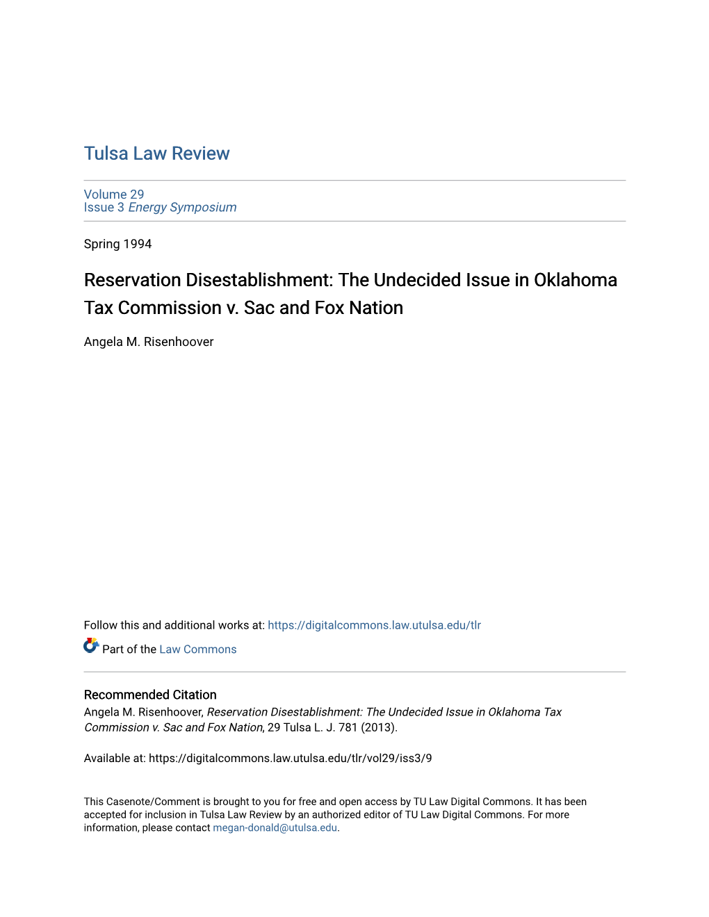 Reservation Disestablishment: the Undecided Issue in Oklahoma Tax Commission V