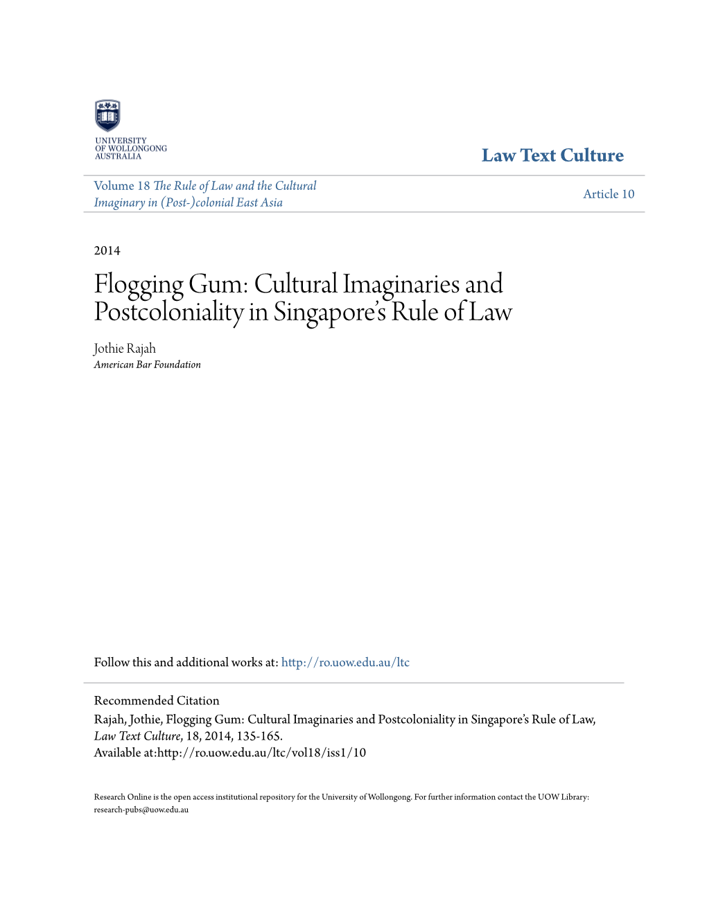 Flogging Gum: Cultural Imaginaries and Postcoloniality in Singaporeâ