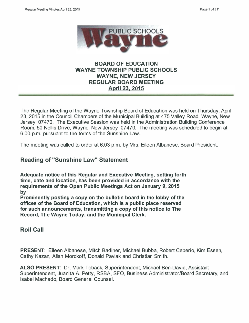 The Regular Meeting of the Wayne Township Board of Education Was