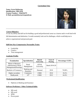 Geeta Debbarma Qualification: MBA RM Contact Number: 9366526575 E-Mail: Geetadebbarma1@Gmailcom