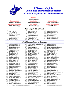 AFT-West Virginia Committee on Political Education 2016 Primary Election Endorsements